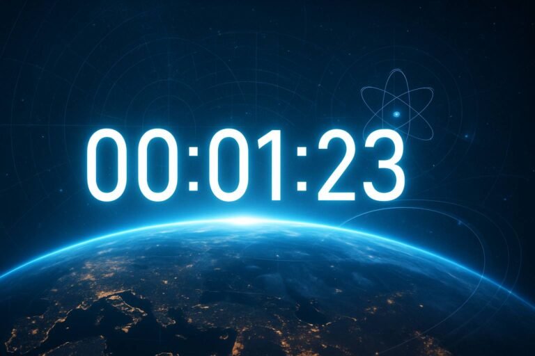 Digital clock counting seconds over Earth from space, symbolizing precise time measurement and Earth’s 24-hour rotation