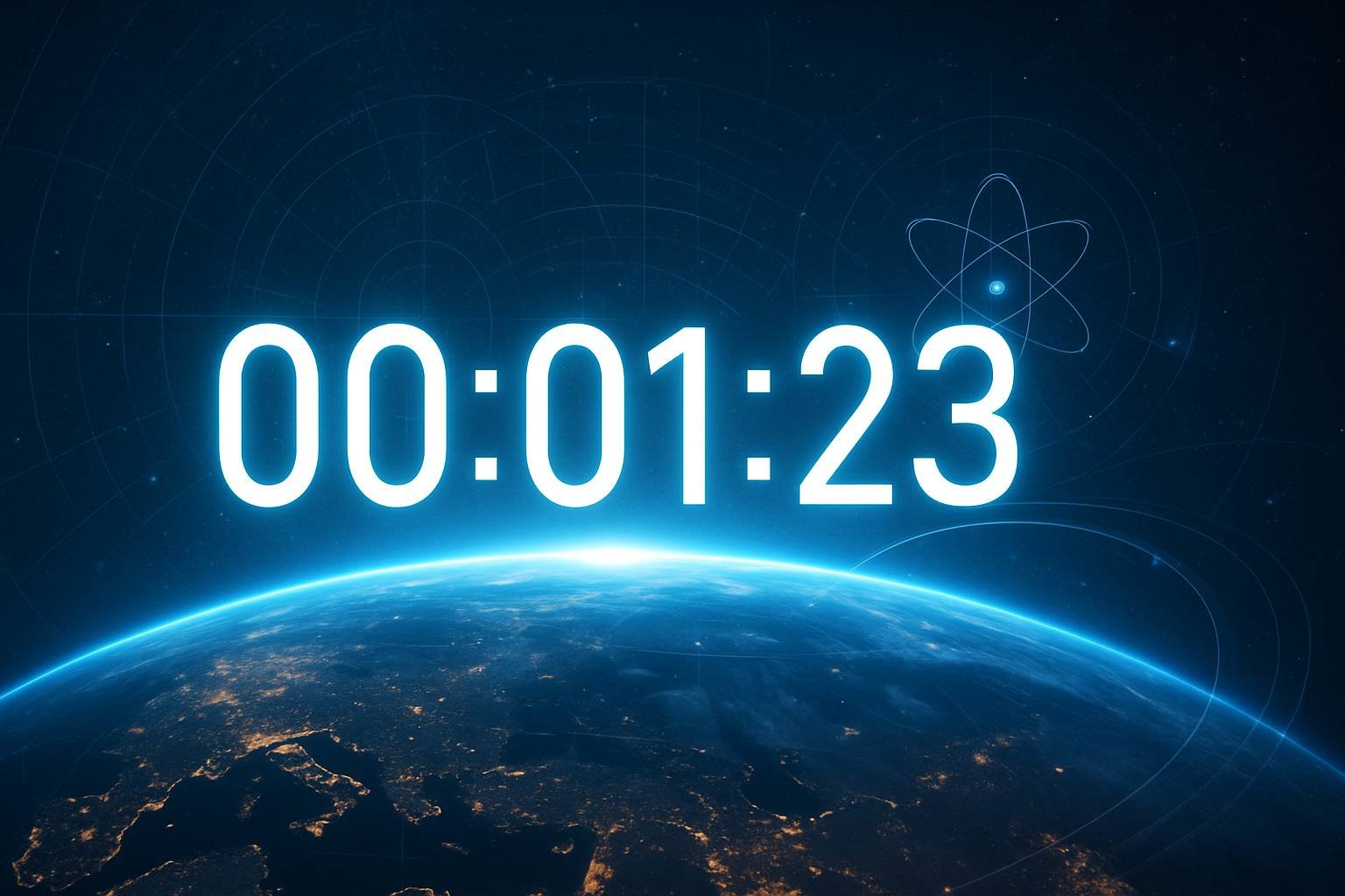 Digital clock counting seconds over Earth from space, symbolizing precise time measurement and Earth’s 24-hour rotation