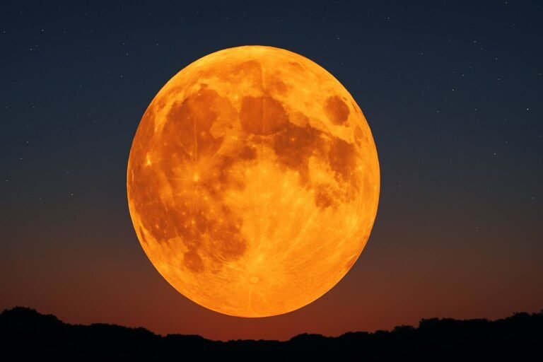Orange Moon rising near the horizon with atmospheric haze causing warm orange glow in the night sky.