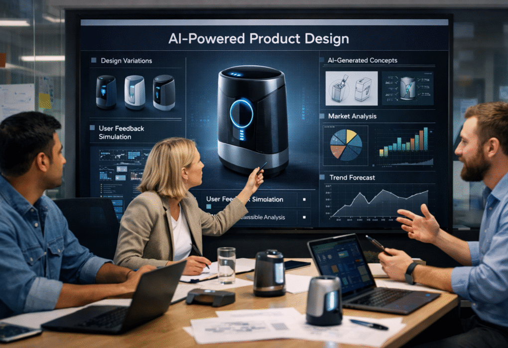 Business professionals collaborating on product innovation using Generative AI in Business 2026 technology platform