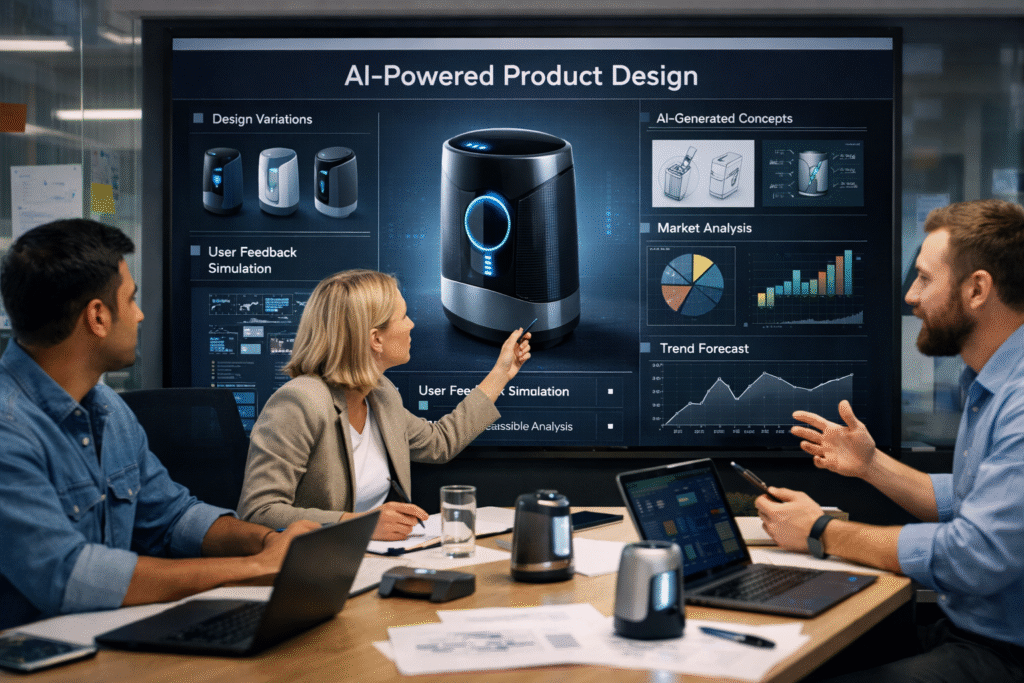Business professionals collaborating on product innovation using Generative AI in Business 2026 technology platform